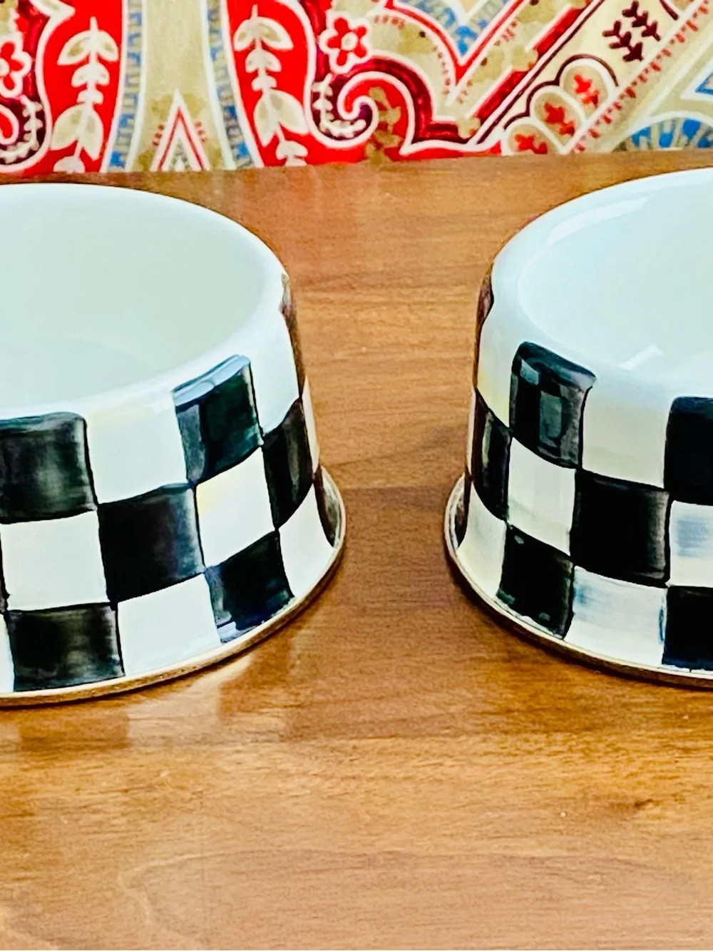 MacKenzie Childs Ceramic Black & White Checker Dog Bowl - Set of 2